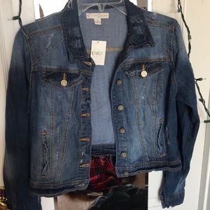 Lightly distressed dark wash denim jacket
